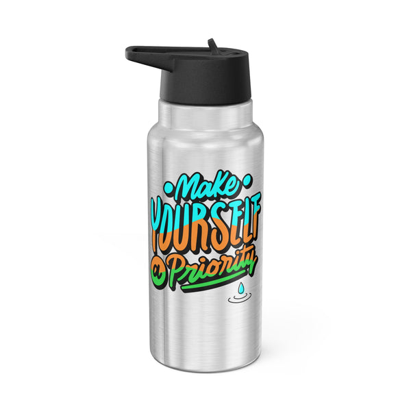 Water bottle Make yourself a priority, Water bottle or Favourite beverage, Drinking straw included, Stainless steel bottle, Gator Tumbler, 32oz (0.95L), US Post.